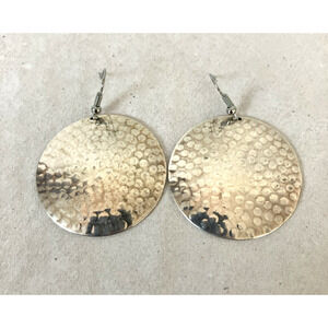 Vintage Hammered Silver 2" Round Disc Drop Shiny Dangle Festival Boho Earrings